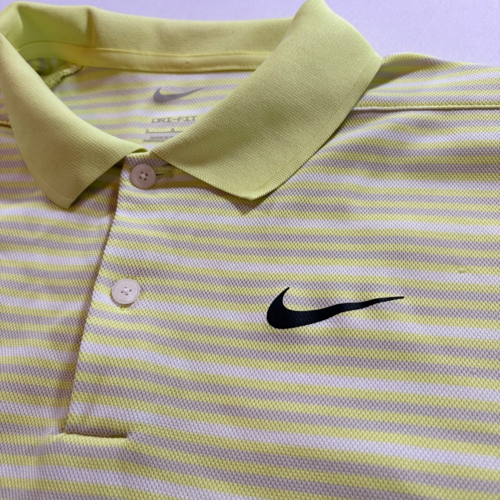 Nike Dri-FIT Polo Shirt Mens Large Lime Green White Striped Short Sleeve Golf